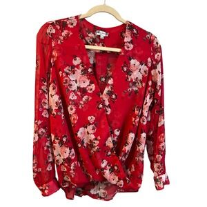 KUT from the Kloth Red Floral Surplice Wrap V-Neck Blouse Medium Made in USA